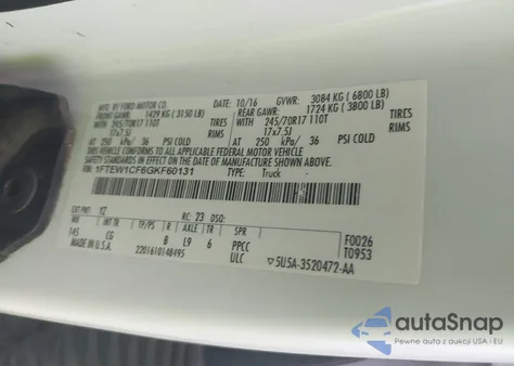 2016 Ford F-150 Xl z USA, uszkodzony, nr VIN 1FTEW1CF6GKF60131